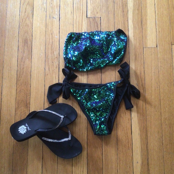Sexy Sequin Green Black Bandeau Cheeky Bikini size sm - Picture 6 of 7